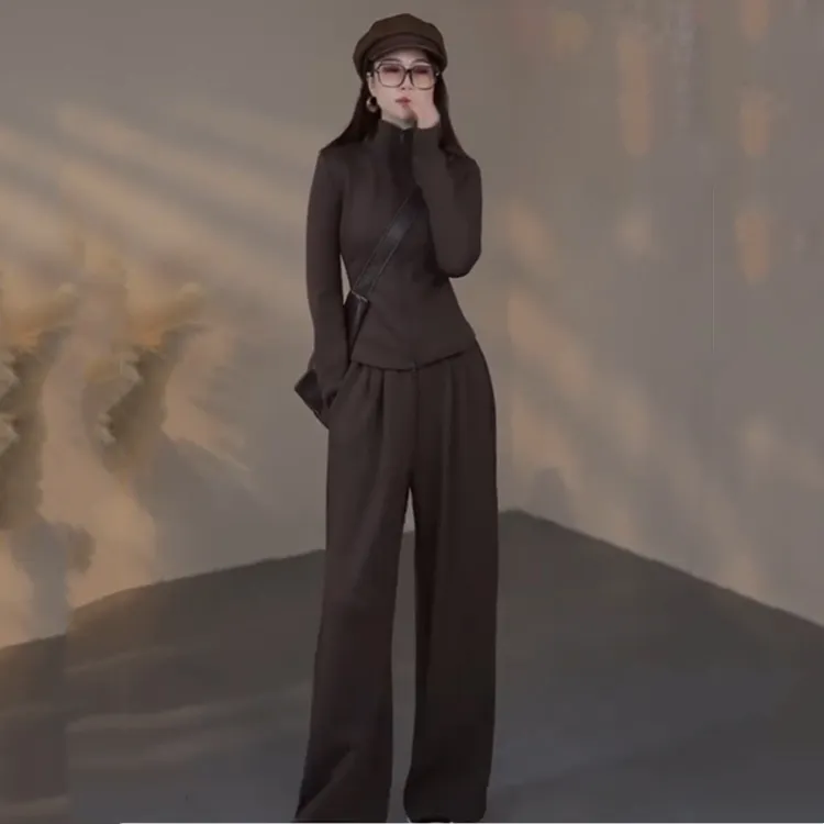 欧洲站高级感运动风休闲套装新款双拉链开衫纯色立领长袖两件套女