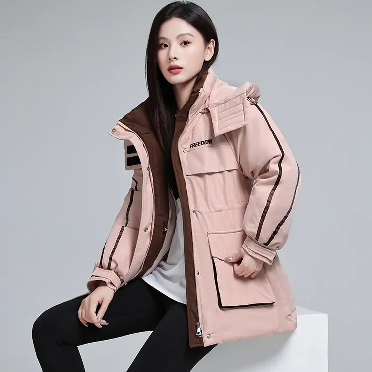 时尚新款棉服中长款拼色工装派克服加厚收腰保暖显瘦宽松棉衣外套