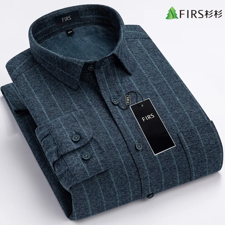 杉杉纯棉高档男士条纹衬衫长袖男士保暖衬衣加绒加厚胖子大码男装