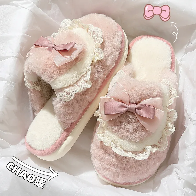 蝴蝶结棉拖鞋女士秋冬季2025新款室内家居厚底家用毛毛棉拖女冬天