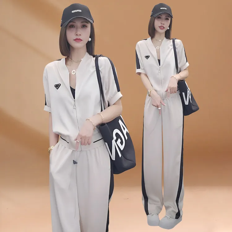 时尚气质减龄显瘦运动套装女夏季新款舒适开衫短袖直筒裤两件套