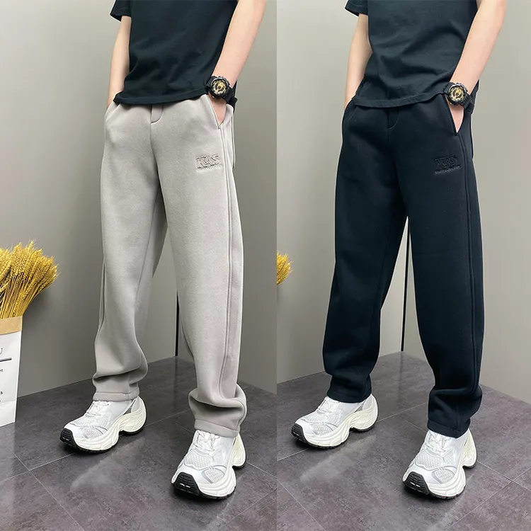 2025冬季加绒韩版休闲裤网红时尚个性刺绣直筒裤简约纯色户外长裤