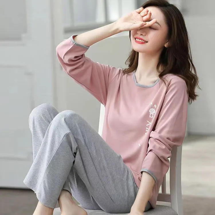 高档纯棉睡衣女春秋季新款长袖休闲宽松秋冬可外穿全棉家居服套装