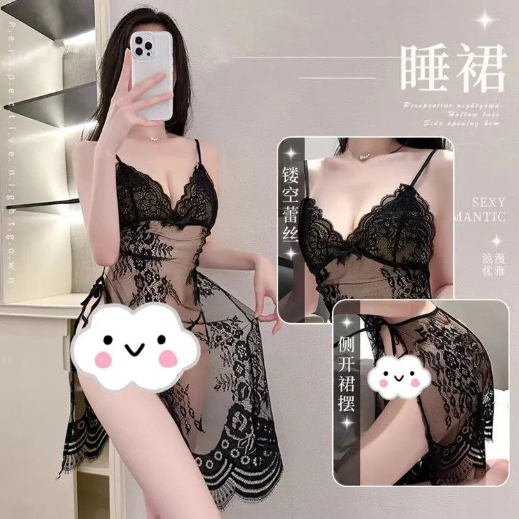 蕾丝性感睡衣女透明诱惑吊带侧绑带睡裙纯欲小胸聚拢情调睡衣女