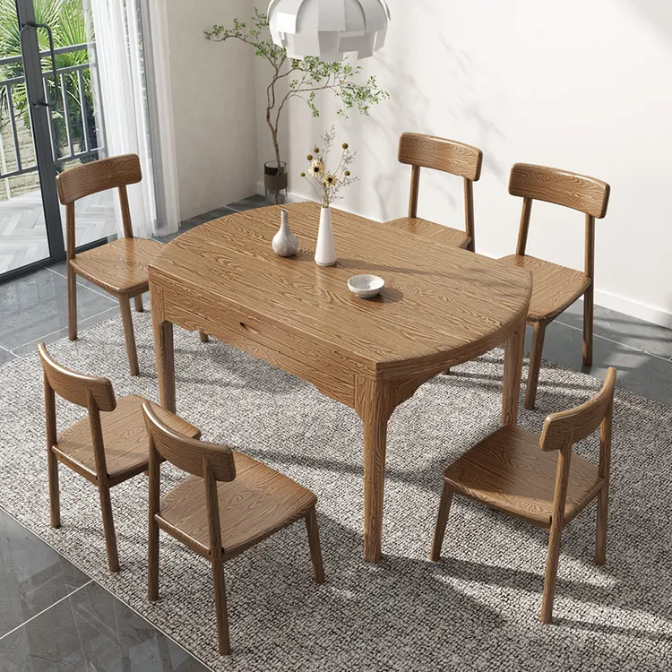 北欧全实木伸缩圆餐桌现代简约现代白蜡木折叠圆形餐桌椅组合