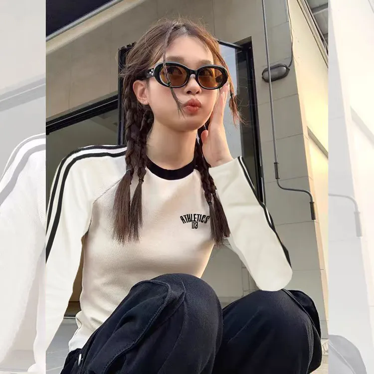 字母绣花杠条运动时尚洋气修身显瘦百搭长袖T恤女打底衫上衣秋季