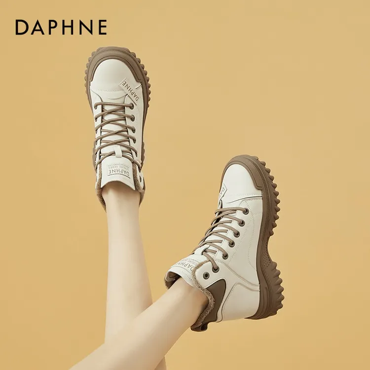 达芙妮真皮厚底高帮鞋女2025新款秋冬马丁靴加绒短靴内增高休闲鞋