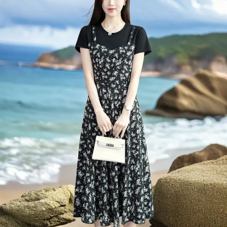 连衣裙女夏季新款上档次假两件拼接遮肚显瘦洋气减龄短袖印花裙子