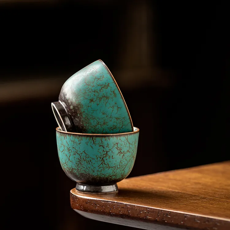 山隐趣事斋中式祖母绿粗陶主人杯户外复古陶瓷便携式套装纯手工