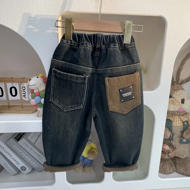 男童裤子加绒加厚冬季牛仔裤男宝宝棉裤一体绒冬装儿童秋冬款童装