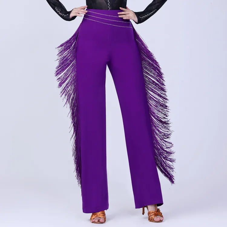 新款时尚流苏烫钻舞蹈裤女士拉丁广场摩登吉特巴国标训练演出裤子