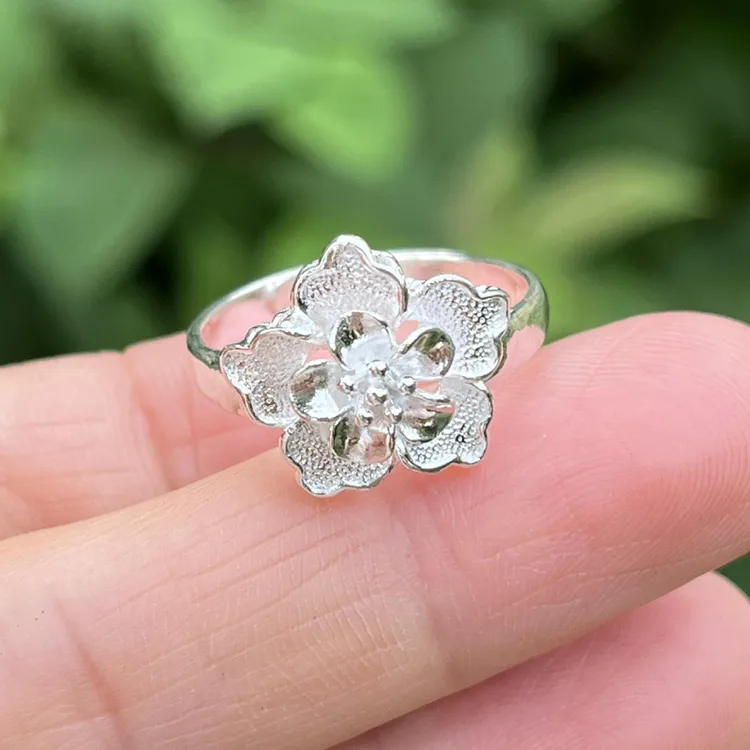 新款花朵戒指女999纯银活口山茶花指环大气纯银999戒指