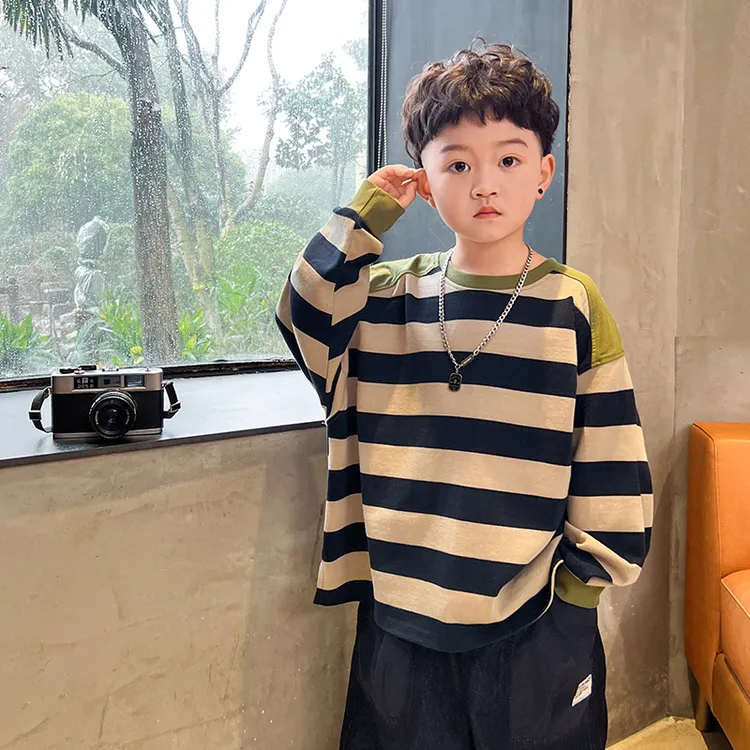 男童秋装条纹拼接卫衣宽松秋季新款儿童长袖打底衫T恤长袖春秋潮t