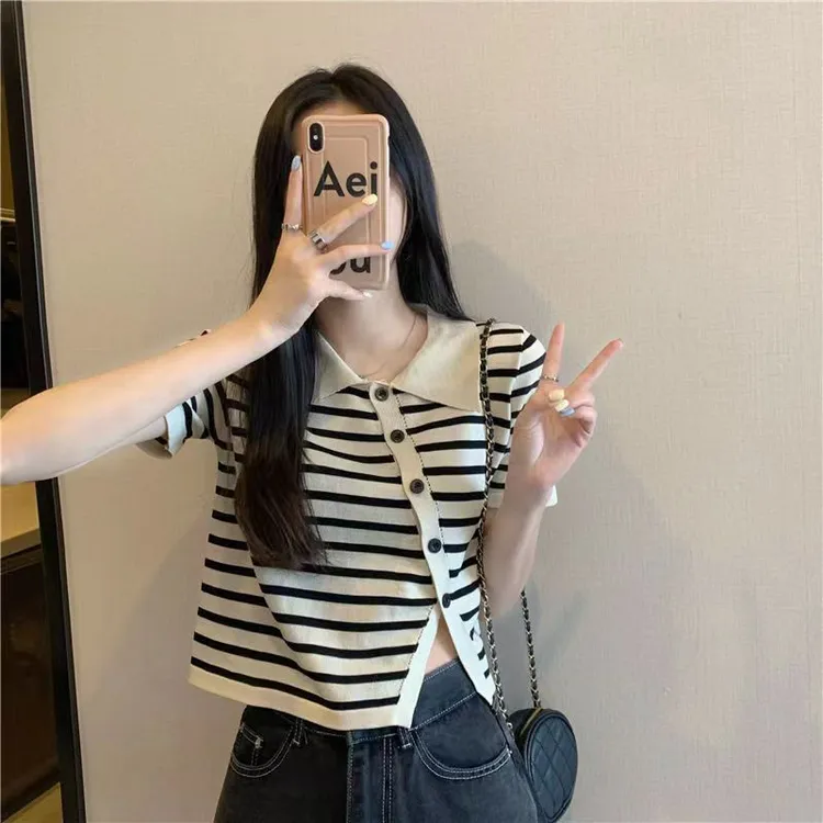 条纹针织衫2023夏季小众设计感不规则polo开叉显瘦短款高腰上衣