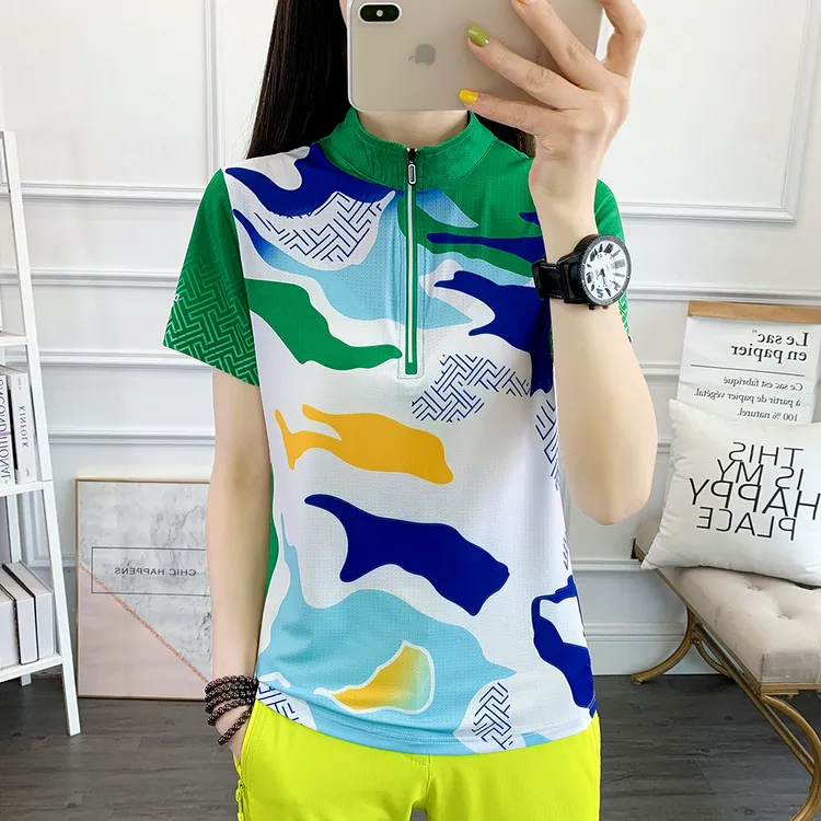 户外迷彩立领冰丝弹力轻薄速干衣女短袖T恤女运动跑步登山快干衣