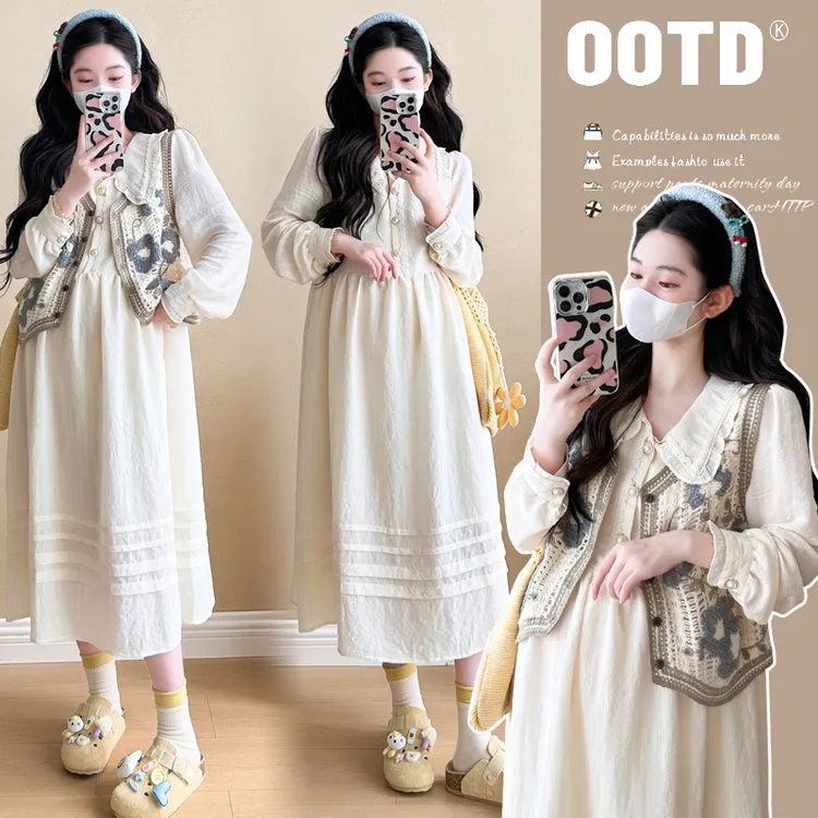 孕妇套装秋装新款时尚温柔韩系春秋针织马甲长袖连衣裙两件套秋季