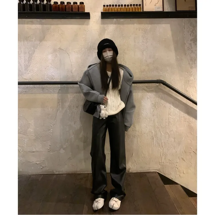 留下 1992 CIeanfit穿搭 窄版皮裤百搭显瘦直筒裤女时髦休闲长裤