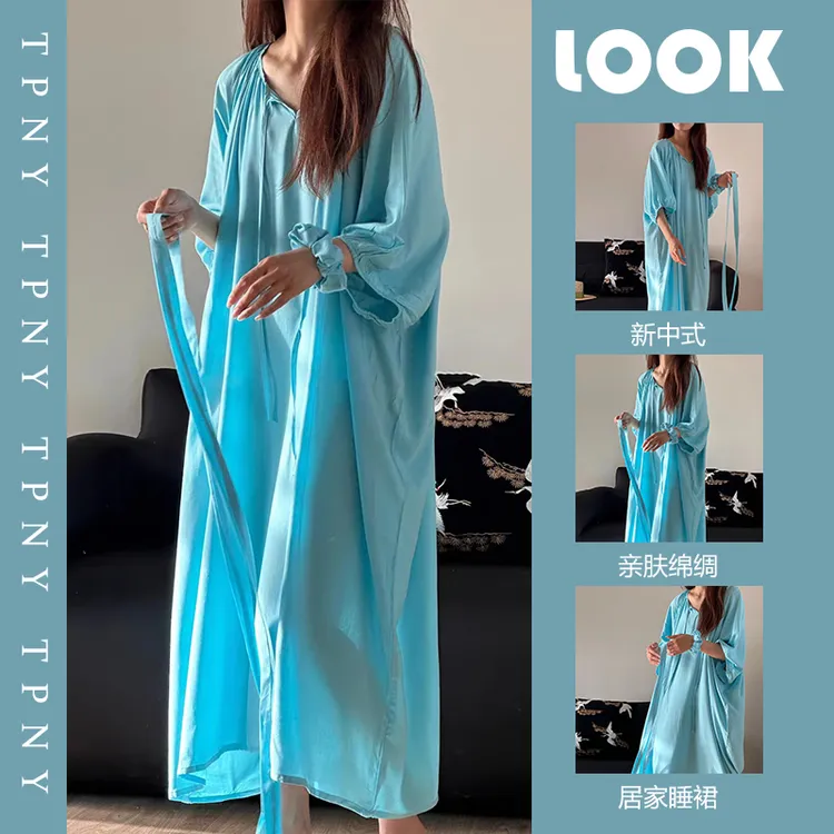 新中式高级长袖绵绸睡衣女春秋款2025新款大码睡裙家居服连衣裙子