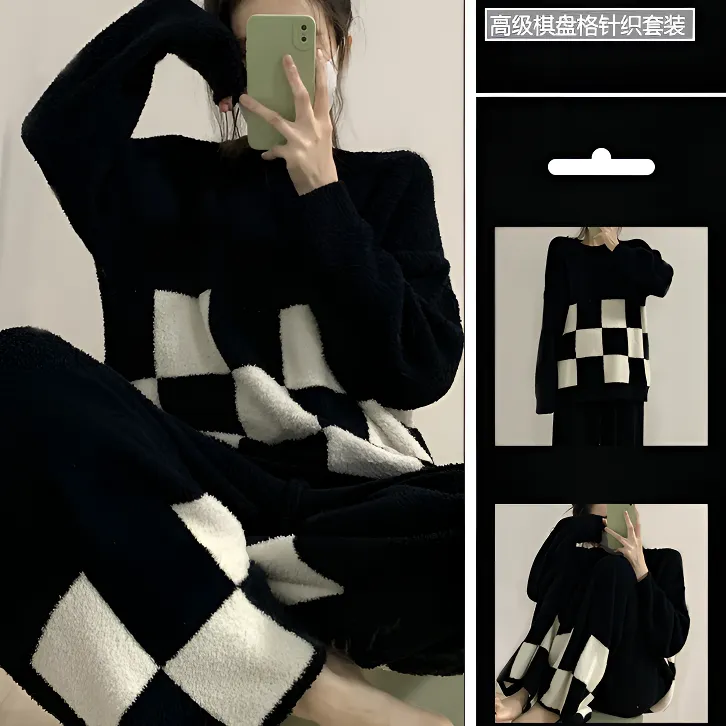 ins风棋盘格针织睡衣女冬款加绒加厚半边绒家居服套装可外穿冬季