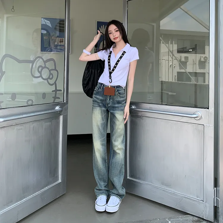 OROI通勤百搭牛仔裤女新款低腰显瘦水洗宽松垂感直筒拖地长裤子