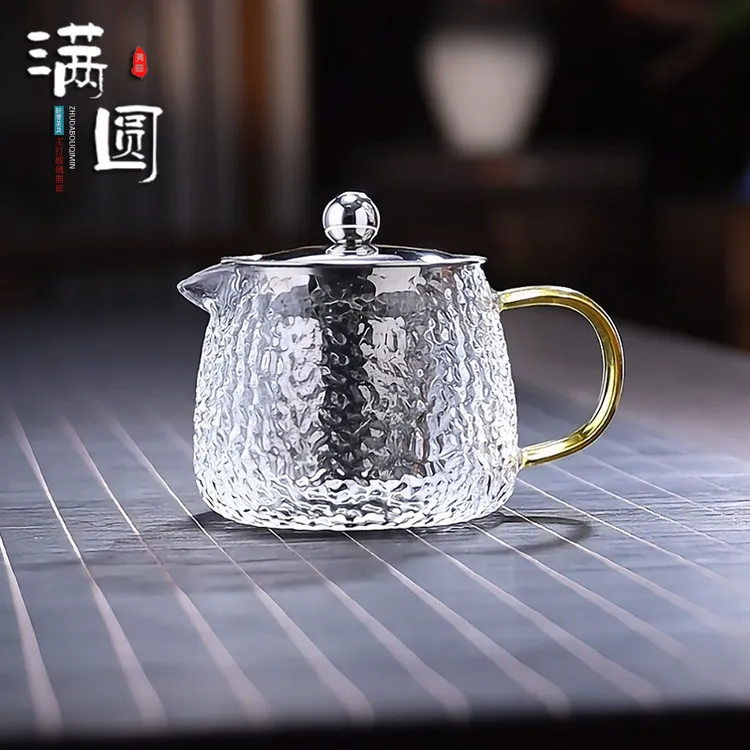 轻奢耐热加厚手工锤纹创意透明玻璃茶壶带把大容量家用茶具泡茶壶