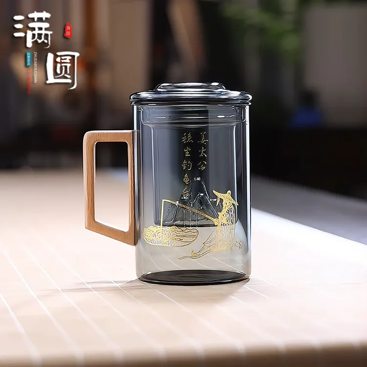 轻奢加厚耐热玻璃姜太公泡茶杯主人杯手工木盖家用防烫高档办公杯