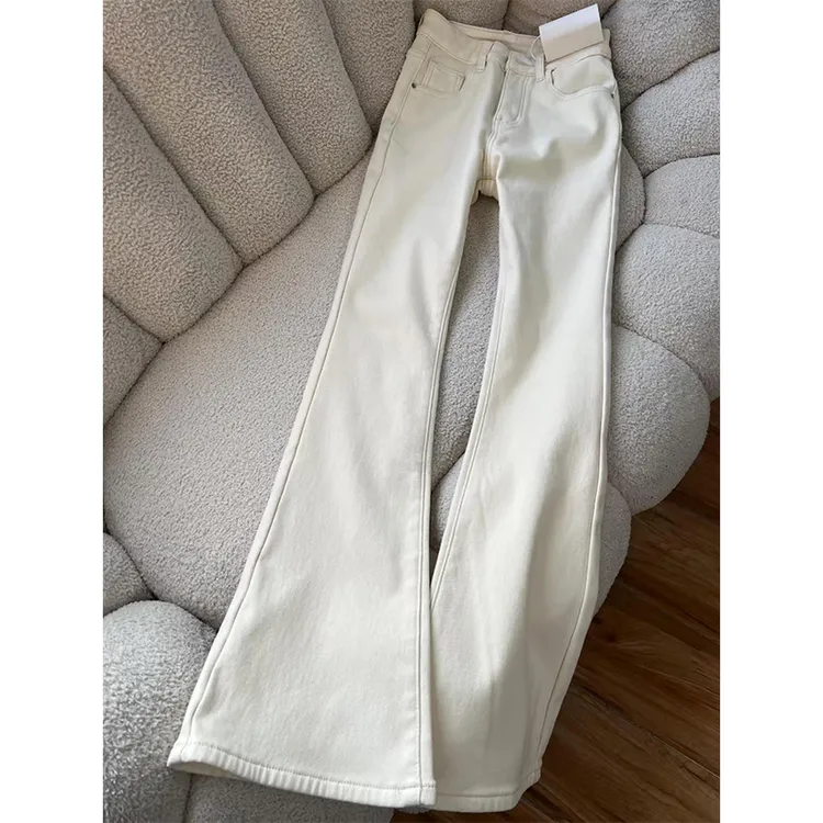 米白色弹力加绒微喇牛仔裤女2025秋冬爆款高腰修身显瘦百搭马蹄裤