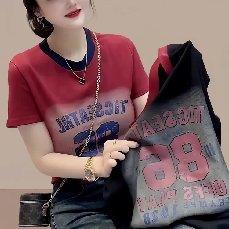 纯棉拼色圆领美式街头风夏季新款字母印花上衣时尚百搭短袖T恤女