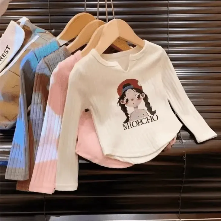 2024新款韩系女童T恤长袖秋款儿童打底衫女宝圆领印花春秋洋气
