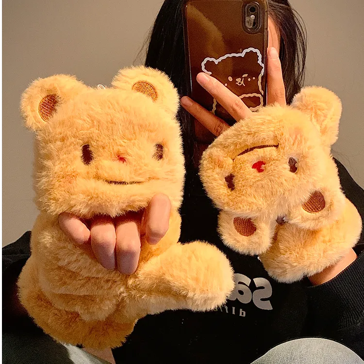 可爱小熊半指翻盖毛绒手套女秋冬季保暖加绒加厚可爱学生写字防寒
