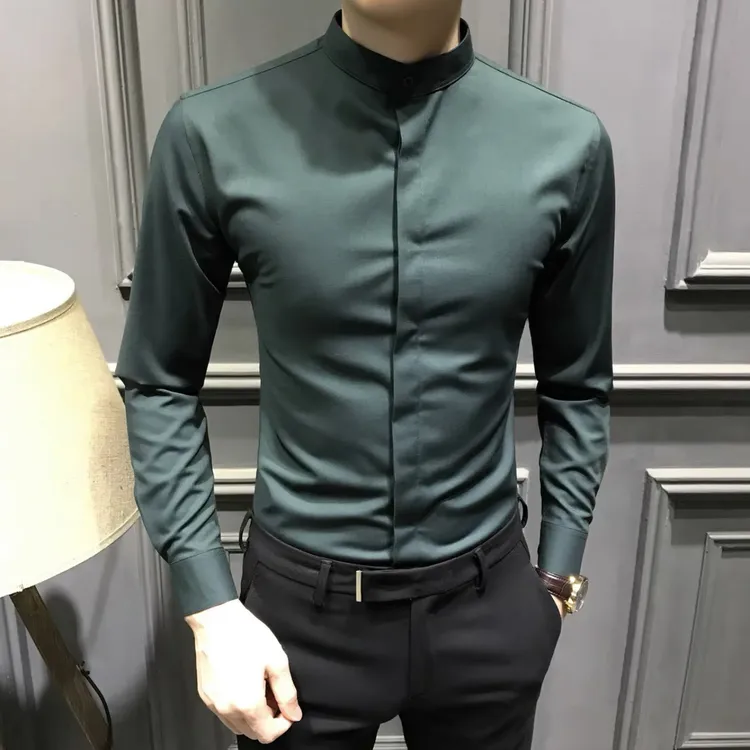 秋季高级立领衬衫男士长袖2024新款修身衬衣韩版休闲高端上衣免烫