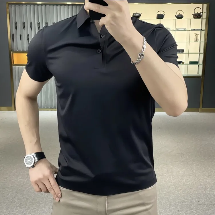 男士四面弹无痕冰丝polo衫2025夏季修身商务短袖纯色翻领T恤免烫