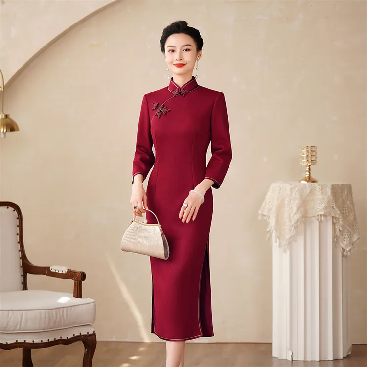 C29-高档秋冬羊毛呢旗袍2023加厚七分袖喜婆婆喜妈妈婚宴连衣裙