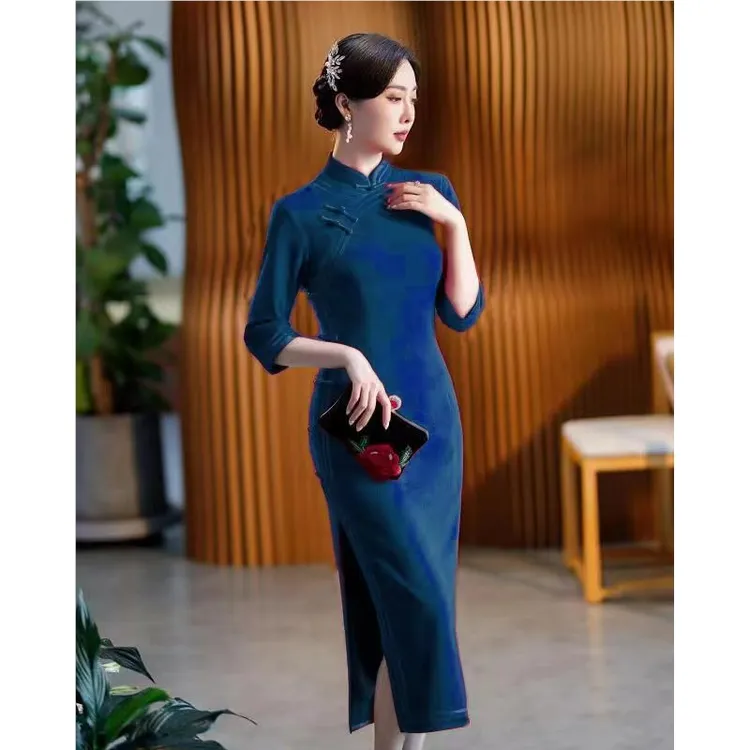 687端庄长款改良蓝色澳毛修身遮肚七分袖洋气复古高档优雅旗袍裙