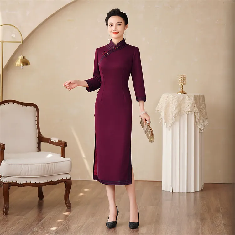 629高档羊毛旗袍2025新款秋冬中国风喜婆婆妈妈装高贵连衣裙长款