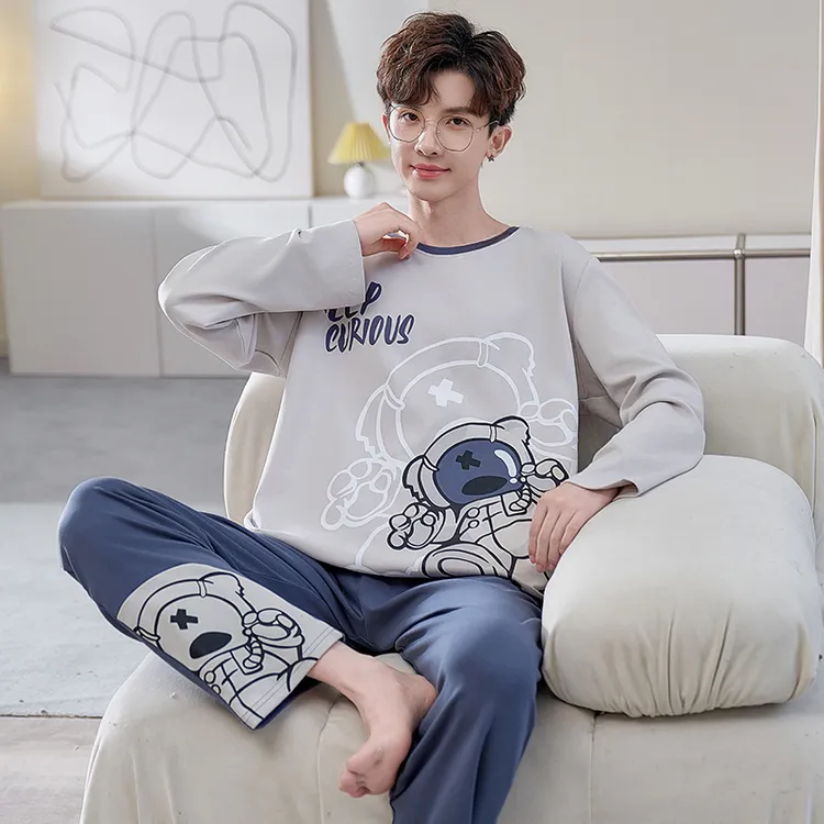 YUZHAOLIN/俞兆林时尚休闲圆领男士大童长袖纯棉居家睡衣秋款套装