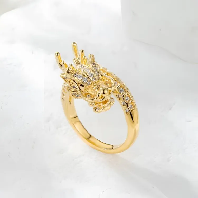 铜合金合成锆石戒指 2025七夕礼物神龙开口戒指轻奢时尚百搭金色.