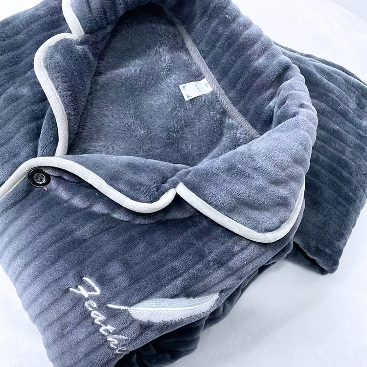 【兰姬推荐】睡衣男秋冬季加厚保暖长袖法兰绒绣花两件套装家居服