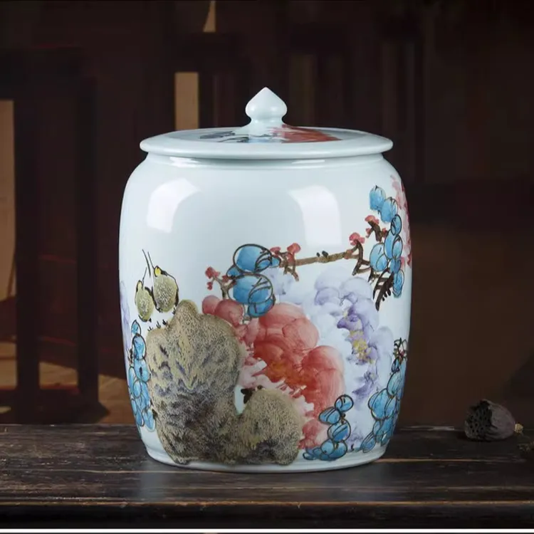  手绘陶瓷米缸米桶带盖防潮防虫储物罐面粉缸大号30斤50斤装家用