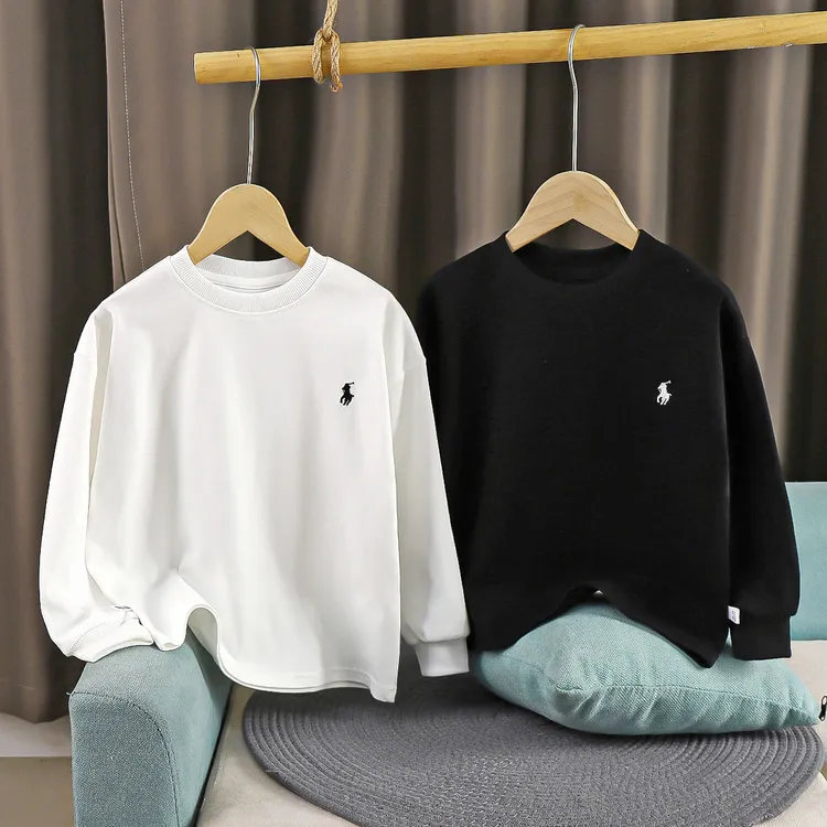 儿童纯棉长袖中大童秋季纯色刺绣百搭休闲圆领打底上衣春秋1