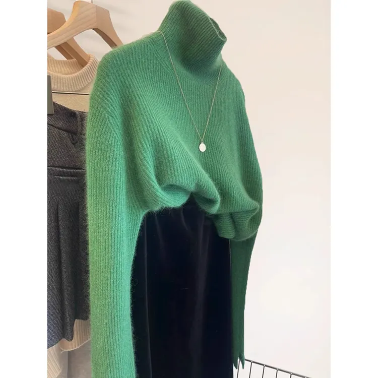 绿色半高领套头毛衣针织衫女秋冬加厚修身内搭软糯打底高级感上衣