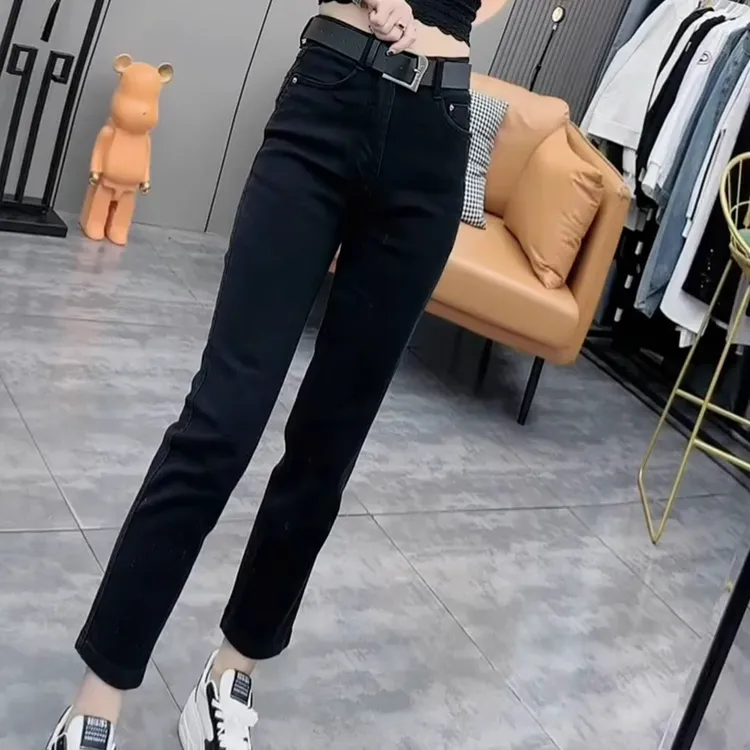 黑色高腰烟管牛仔裤女夏季梨形身材宽松显瘦胖MM弹力九分直筒裤子