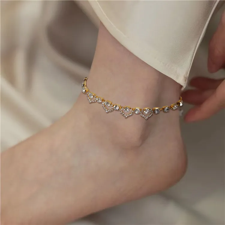 合金脚链 小众高级感脚链爱心满钻网红ins水钻学生可爱风气质女款