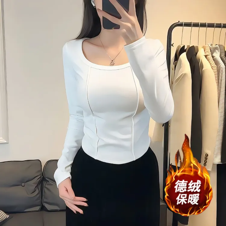 打底衫女长袖2025秋冬白色方领德绒加厚保暖鱼骨时尚修身T恤上衣
