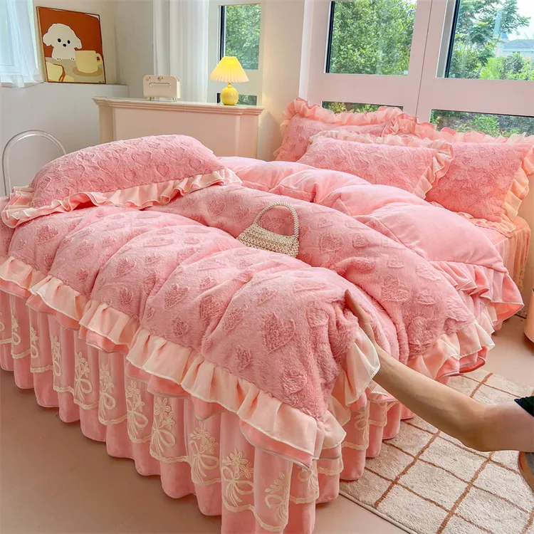 新款A类加厚保暖牛奶绒剪花绒床裙四件套件套冬季双面绒花边被套