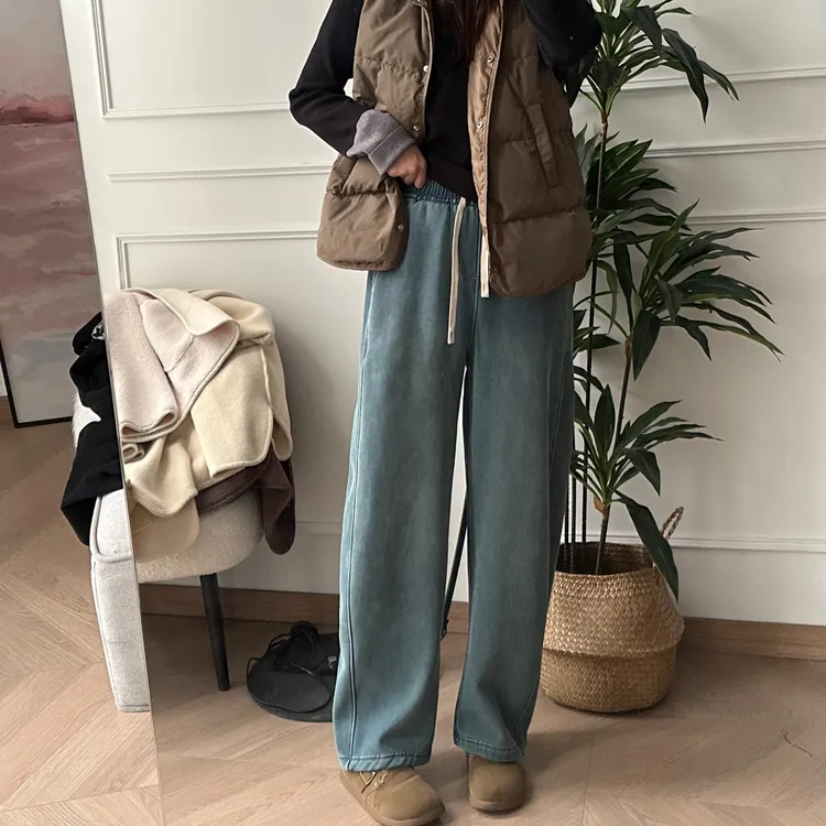 美亚恩NANA超厚绒直筒弯刀加绒抽绳牛仔裤高腰休闲百搭冬季A0953