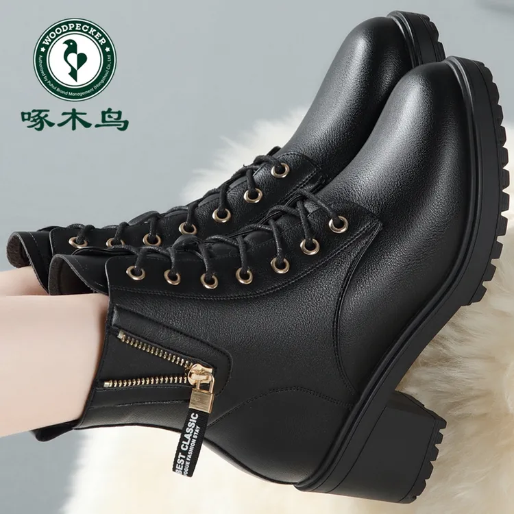 啄木鸟马丁靴女新款英伦风秋季软皮网红爆款厚底冬季加绒洋气短靴