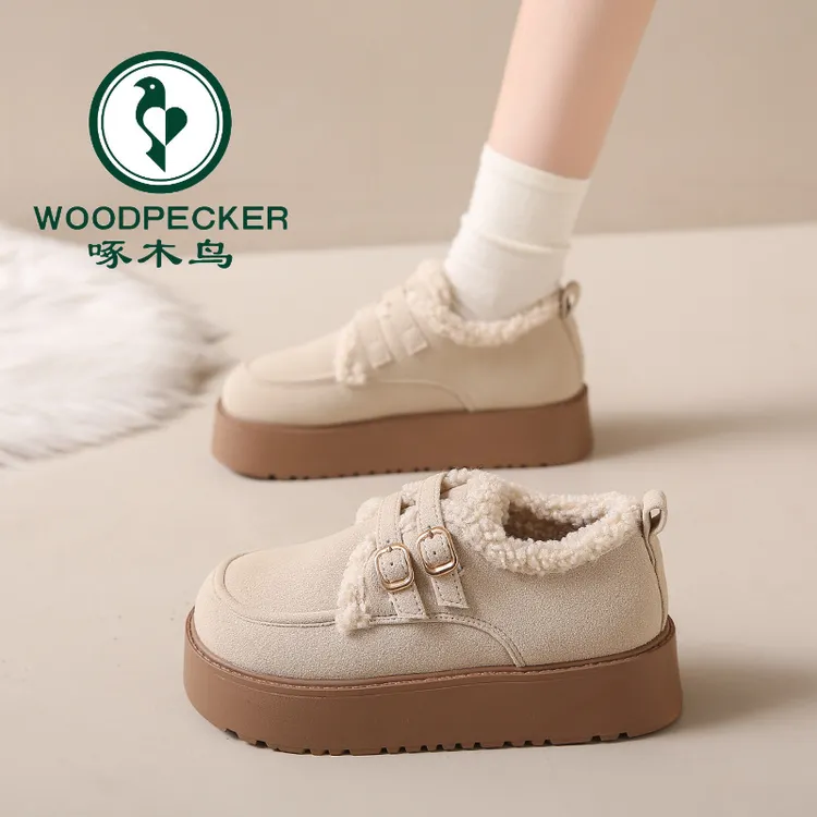 啄木鸟厚底增高雪地靴女2025冬季新款百搭复古勃肯鞋加绒保暖棉鞋