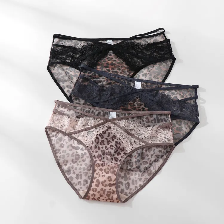 Mimi Angel舒适镂空豹纹睫毛新款透气内裤蕾丝性感轻薄中腰女士