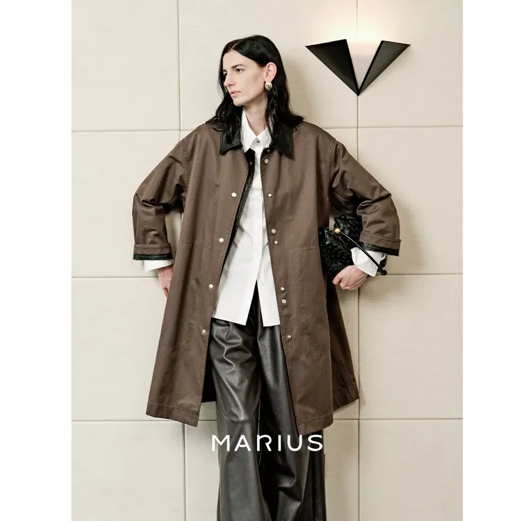 MARIUS“飞行员”意式中古拼接领撞色斜纹中长款风衣